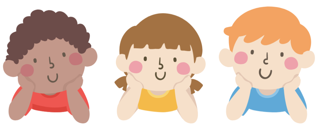 Illustration of three kids laying down on their stomachs with their hands on their cheeks smiling.