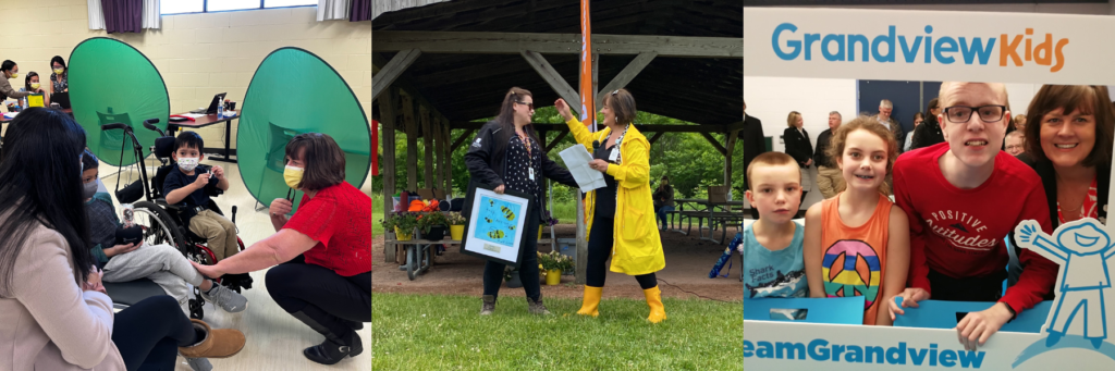 Three images of Lorraine Sunstrum-Mann stitched together. From left to right: Lorraine is touching the knee of a child you is sitting down after receiving a vaccine at Grandview's Vaccine Clinic; Lorraine reaching to hug an employee at Grandview's 2022 Staff barbecue; and Lorraine posing with three kids for a photo in a Grandview Kids branded cardboard cutout.