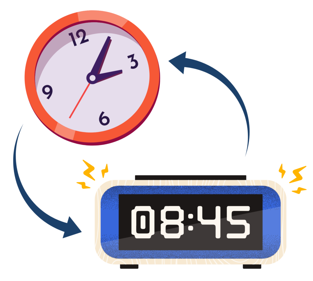 Analog and digital clocks side by side showing the differences in how they tell time.