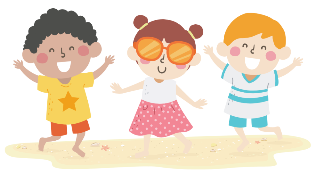 Illustration of three kids jumping on a sandy beach.