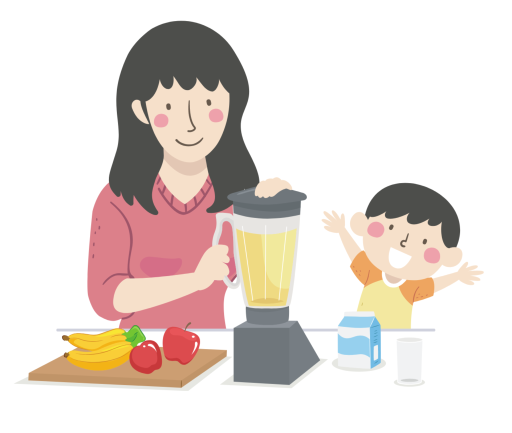 Illustration of a mother blending a yellow fruit smoothie while her son excitedly waits for it to be ready beside her.