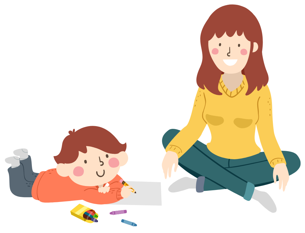 Illustration of a mom sitting cross-legged on the floor while her child colours beside her.