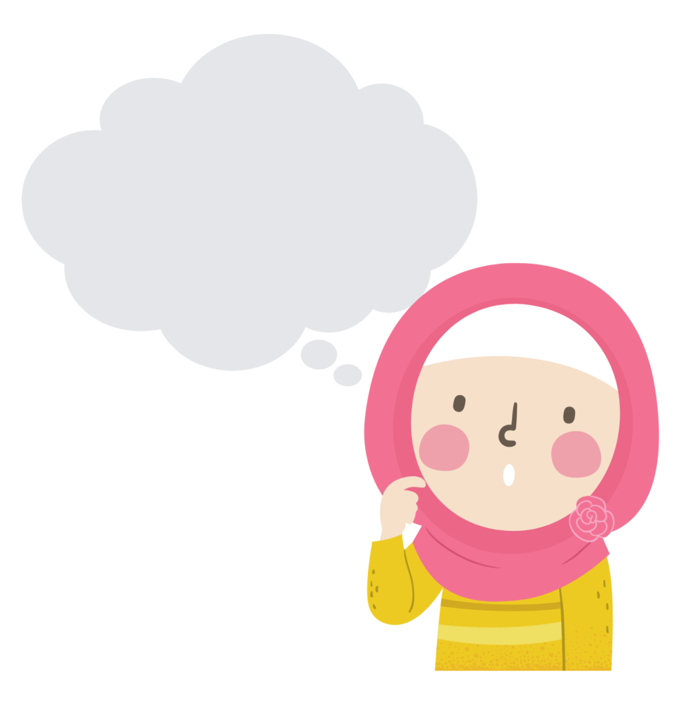 An illustration of a little girl wearing a hijab with a thought bubble over her head.