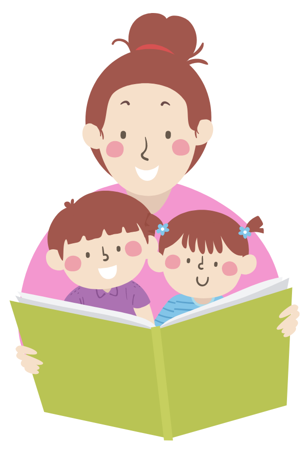 Illustration of mother reading to her two kids sitting in her lap