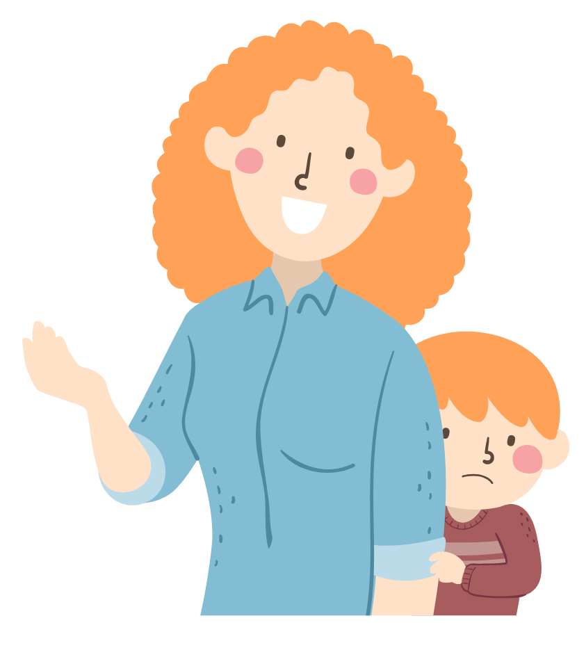 Illustration of mother speaking while her son hides behind her timidly.