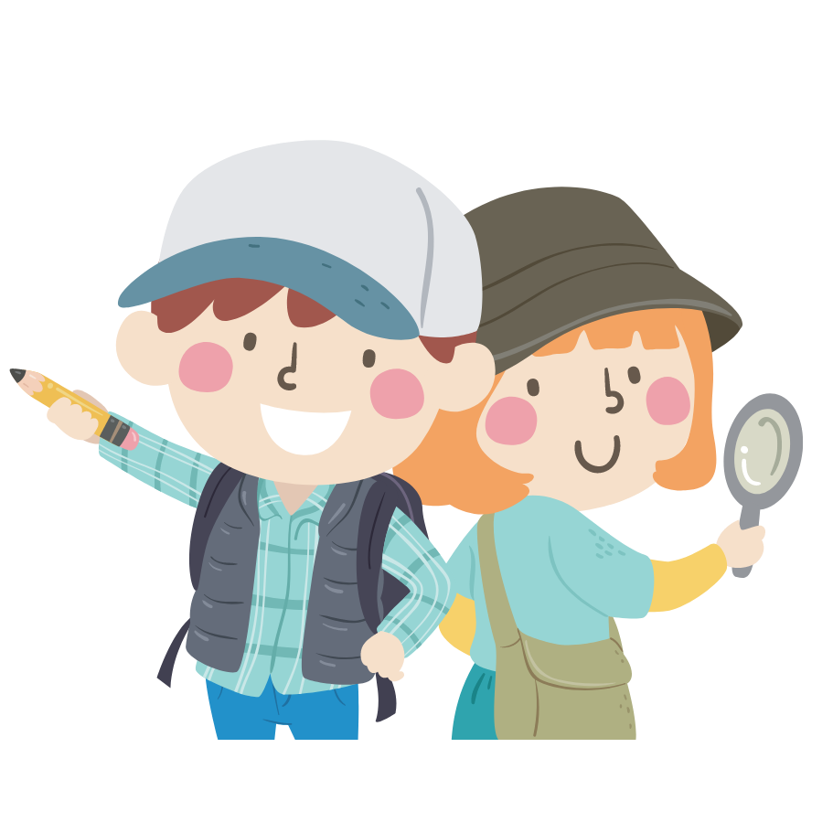 Illustration of a boy and girl on an expedition holding a magnifying glass and a pencil.