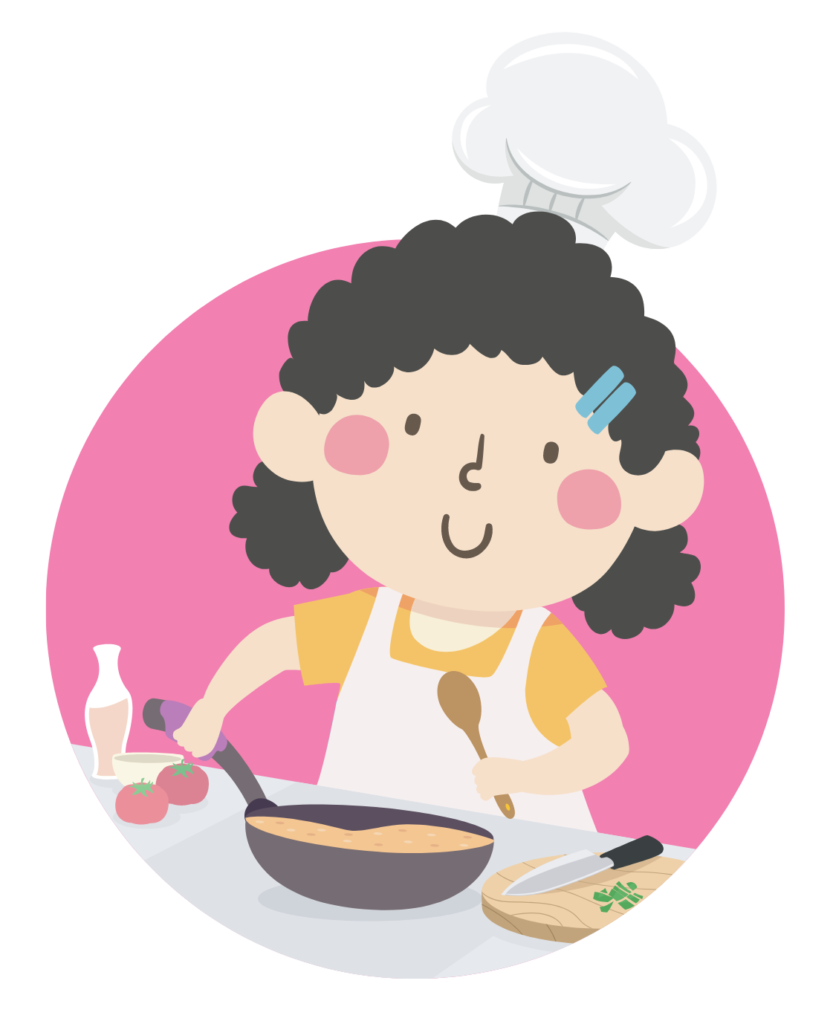 Illustration of a kid girl wearing a chef hat, holding a pan and spoon while cooking in the kitchen.