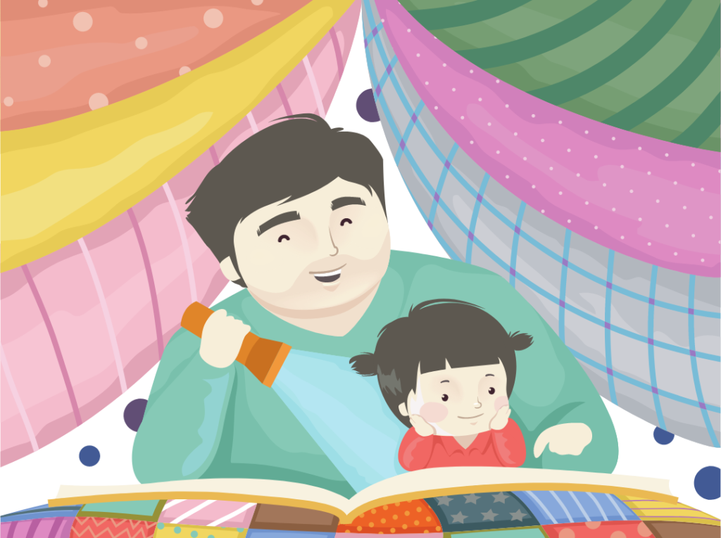 Illustration of dad and daughter reading a book with a flashlight underneath a homemade fort.