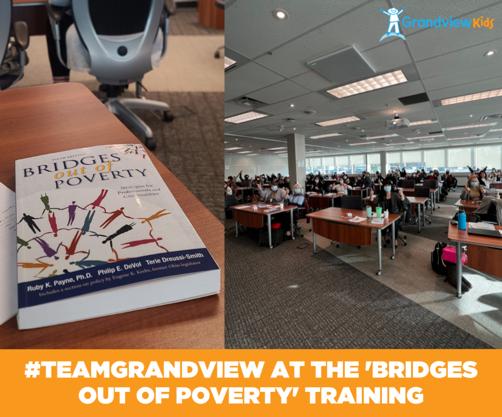 A photo of the Bridges out of Poverty textbook beside a photo of Team Grandview members sitting at desks participating in the training session.