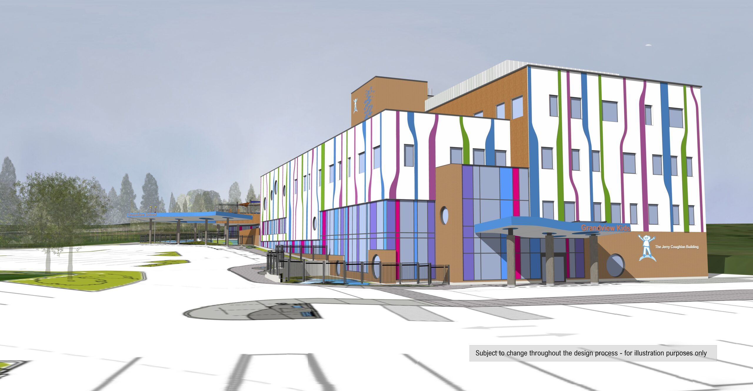 Rendering of the Exterior of the New Grandview Kids facing Harwood Avenue