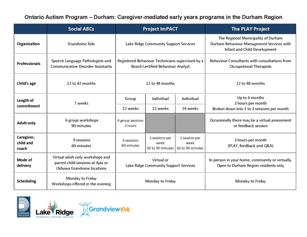 Table outlining the caregiver mediated programs offered.