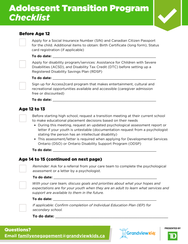 Content page of the Adolescent Transition Program Checklist