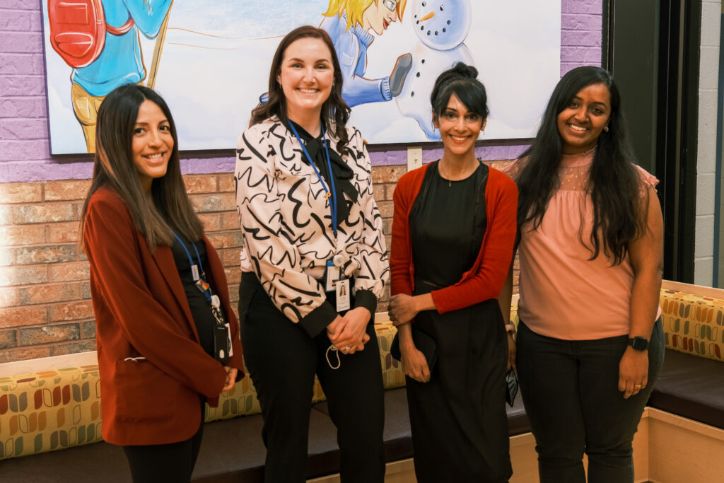 Maritza Basaran, Dr. Taryn Eickmeier, Dr. Fiona Moola and 
Nivatha Moothathamby posing for a photo at the Grandview Kids Main Site in Oshawa shortly after welcoming Dr. Fiona Moola as Grandview Kids' new Research Associate.