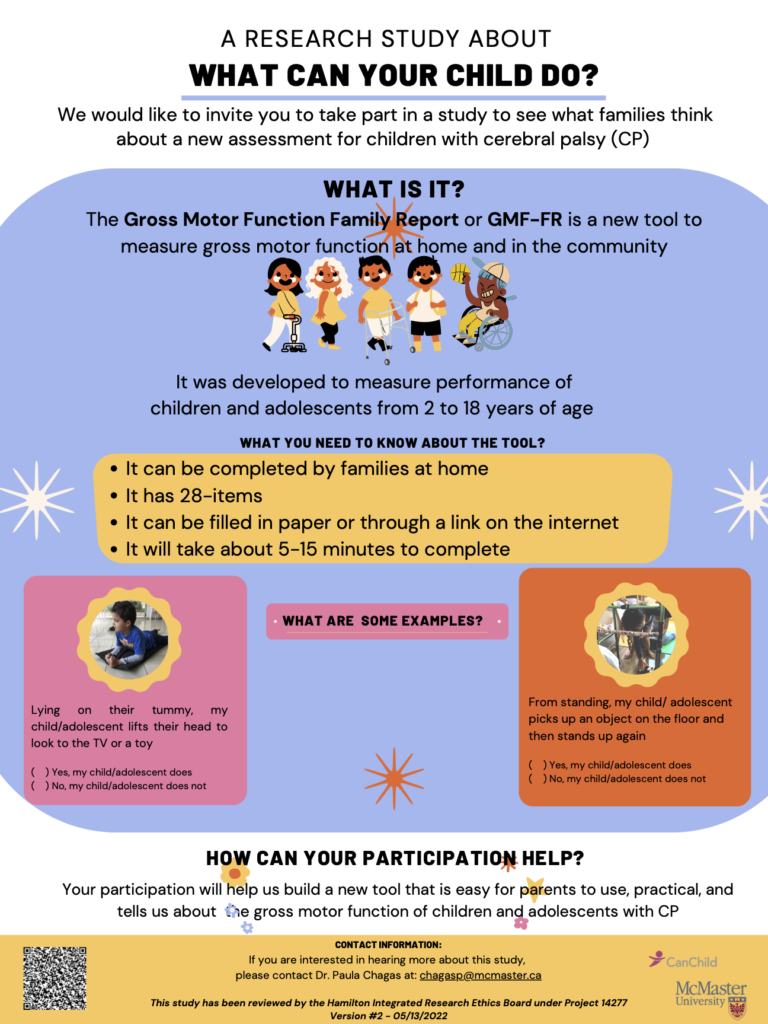 Recruitment flyer for the Assessing Validity and Reliability of the Gross Motor Function Family Report (GMF-FR) for Children and Adolescents with Cerebral Palsy research study