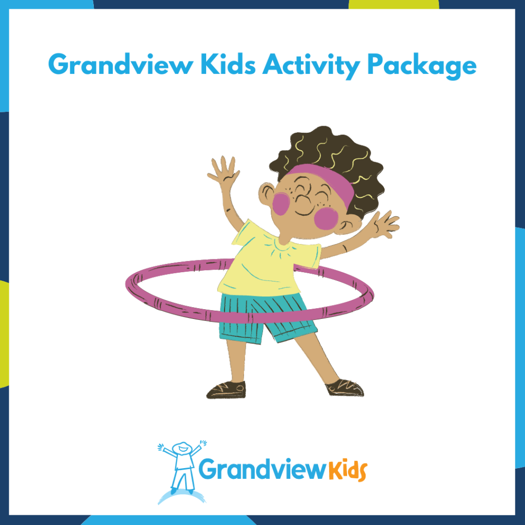 A graphic depicting a child playing with a hula-hoop that reads: "Grandview Kids Activity Package"