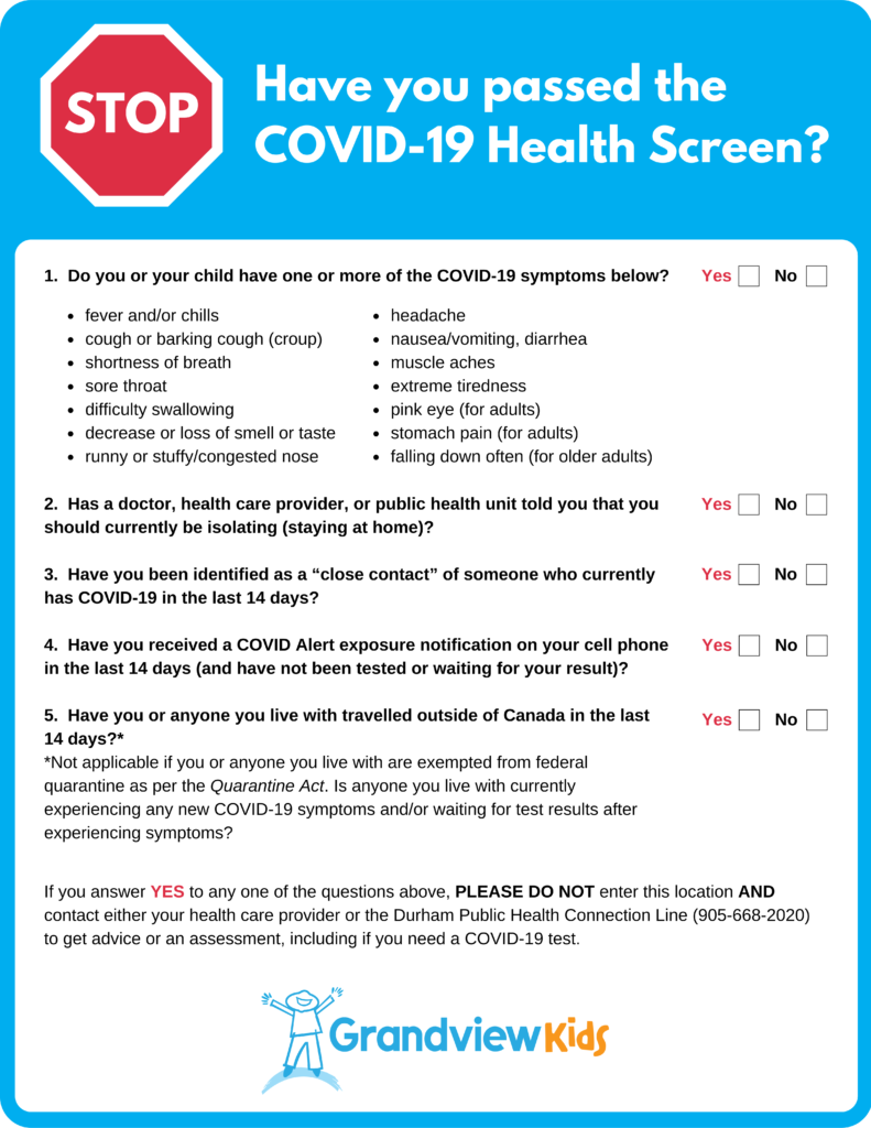 Grandview Kids current COVID-19 Health Screen