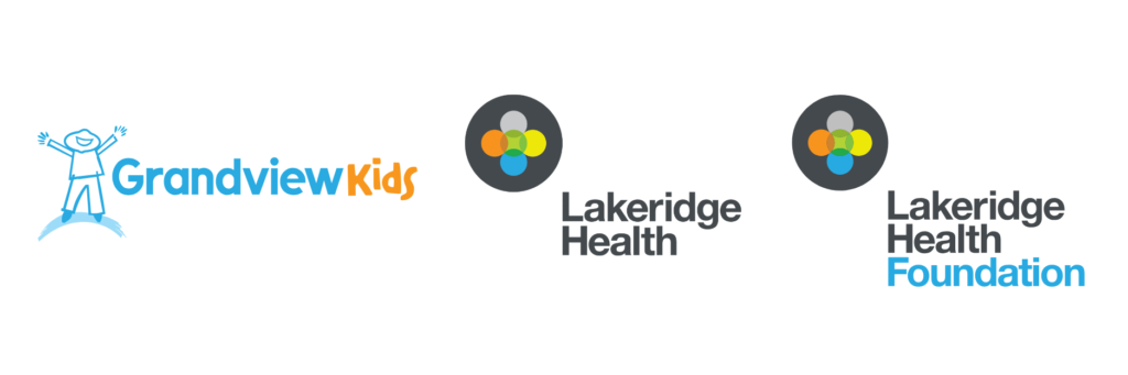 Logos representing Grandview Kids, Lakeridge Health and Lakeridge Health Foundation.