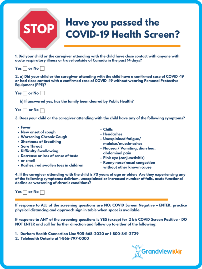 COVID-19 health screen at Grandview Kids