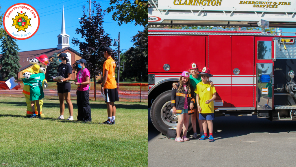 Photos of campers at the Junior Firefighter Camp hugging a Dalmatian mascot and in front of a firetruck.