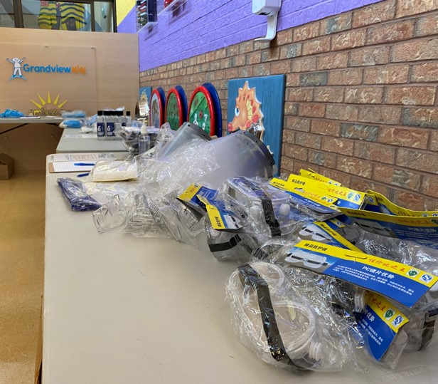 Personal Protective Equipment (PPE) laid out on a table for Grandview Kids staff to access