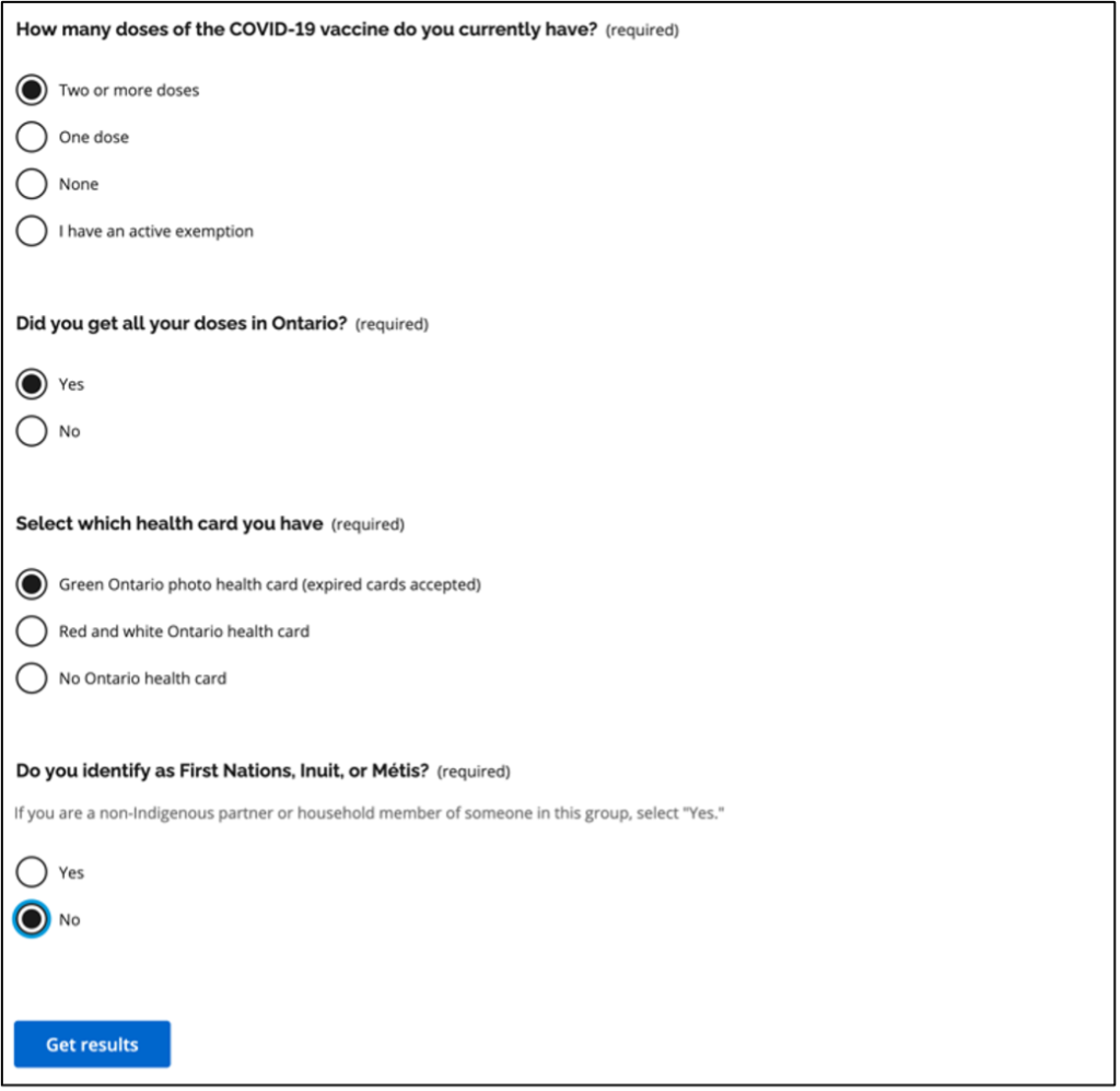 Screenshot of the questionnaire before you can access your enhanced vaccine certificate. 