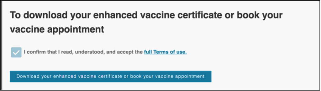 Screenshot depicting the COVID-19 vaccination portal webpage on the Government of Ontario website.