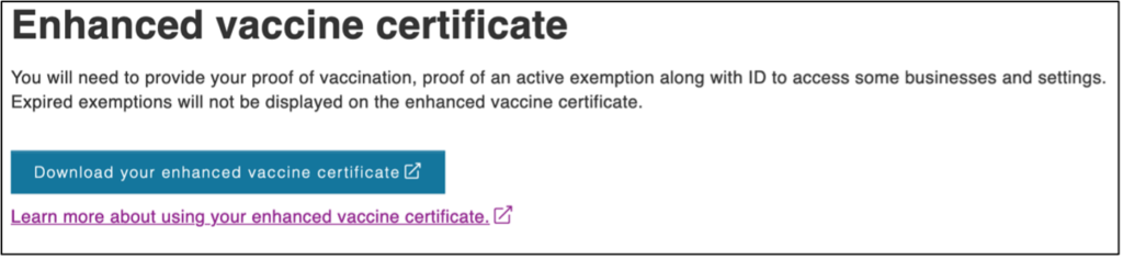 Screenshot of the section where you can download your enhanced vaccine certificate on the Government of Ontario website.