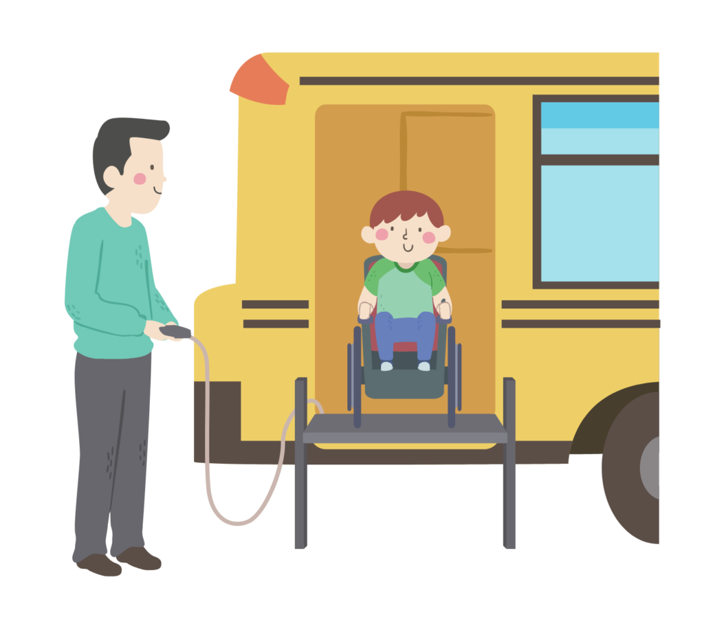 Illustration of a kid boy in a wheelchair using a lift on a vehicle.