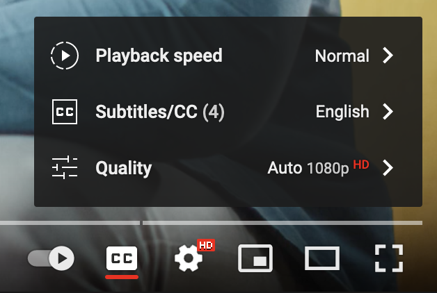 A screenshot of the multiple options that appear when you click the settings icon on YouTube.
