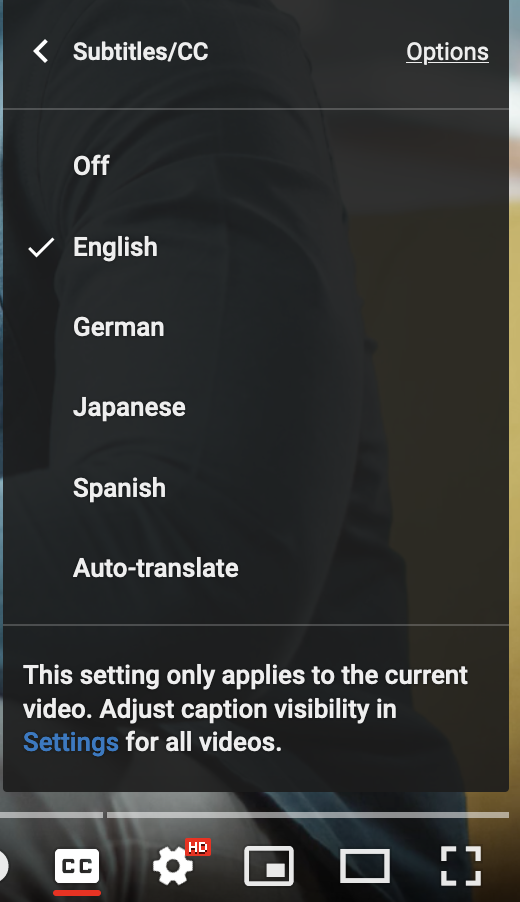 A screenshot of where you can translate subtitles on YouTube.
