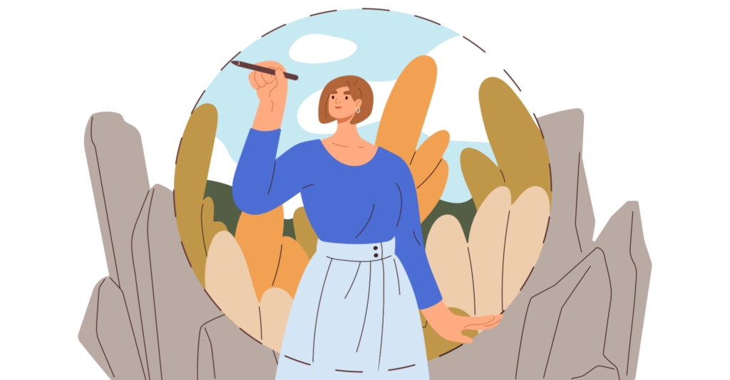 A graphic depicting a cartoon woman drawing a circular boundary around her in a lush landscape.