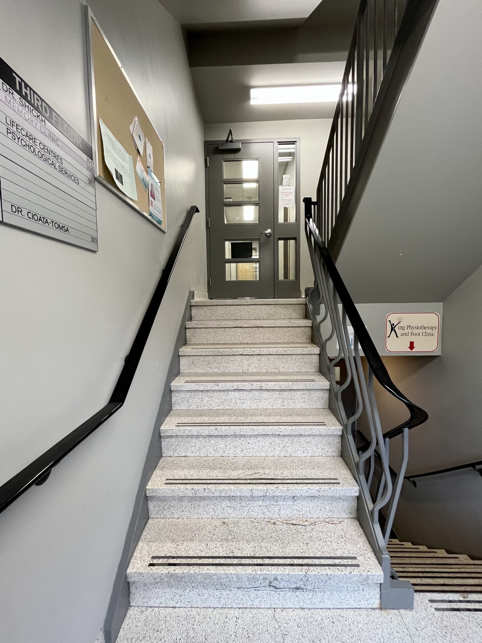 Staircase from the East Wing parking lot entrance of the Bowmanville Health Centre.