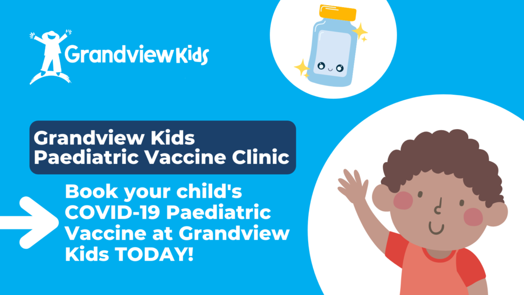 Promotional banner to book your child's paediatric COVID-19 vaccine at Grandview Kids.