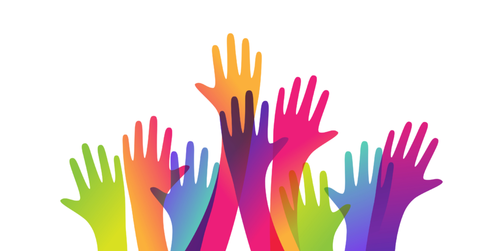 A cartoon image depicting colourful, raised hands.
