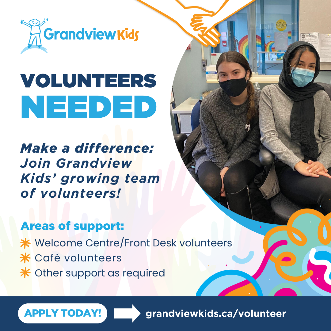 Promotional graphic from Grandview Kids seeking volunteers. Features two individuals wearing masks, sitting together, with text outlining volunteer opportunities in various roles such as Welcome Centre and Front Desk. Colorful abstract designs in the background. Call to action encourages visiting the Grandview Kids website to apply.