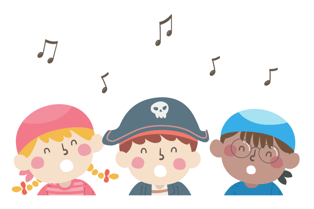 A cartoon image of singing children in pirate costumes.