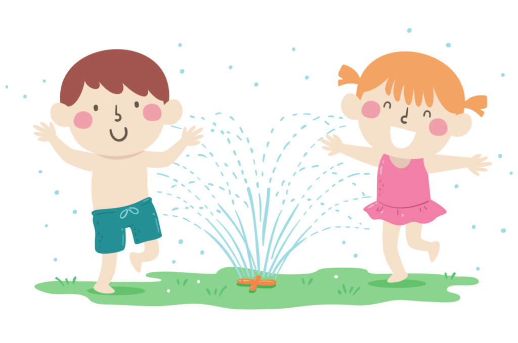 A cartoon image of children playing with a sprinkler.