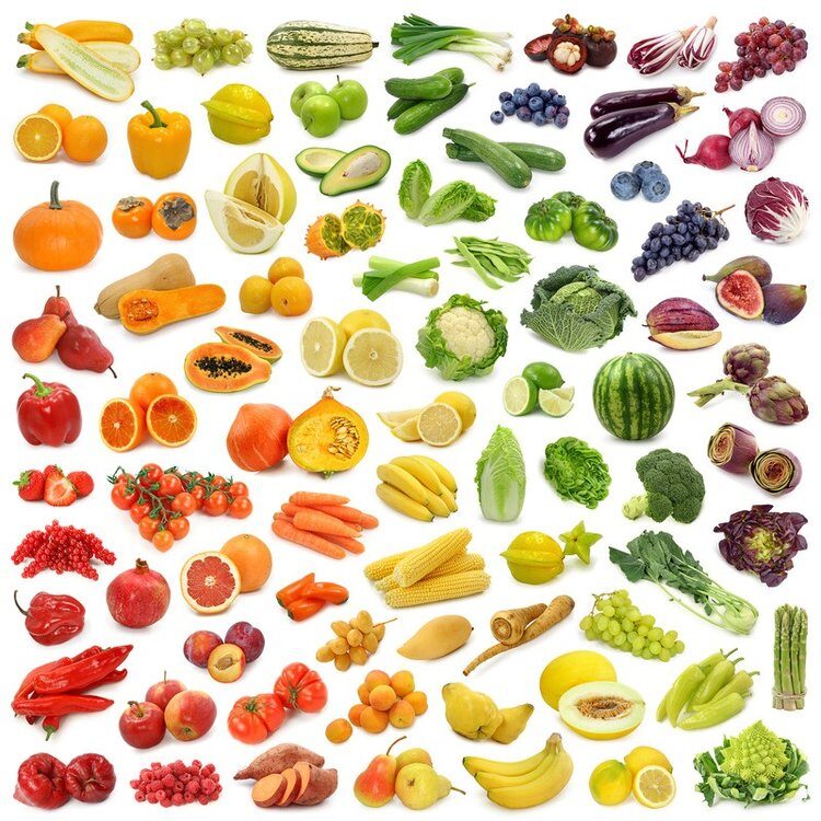 Image showcasing fruit and vegetables colour-coordinated to resemble a rainbow.