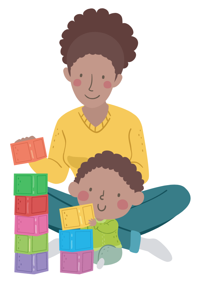 Illustration of kid boy stacking blocks with his mother sat behind him.