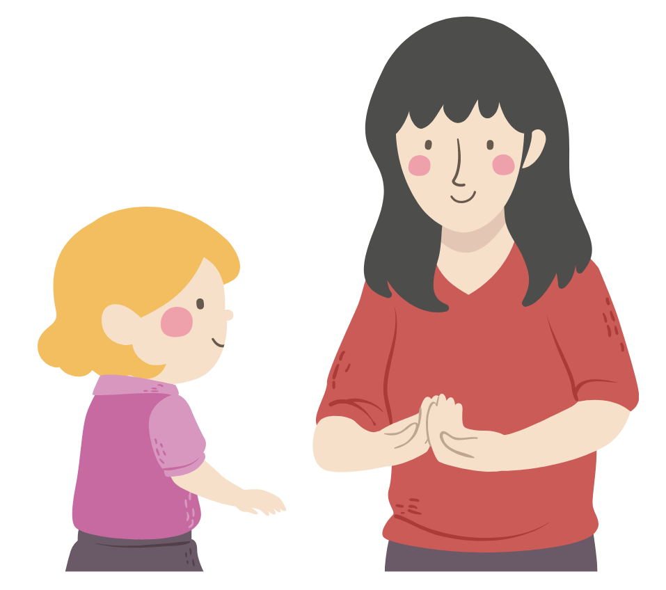 Illustration of mother teaching her daughter sign language. 