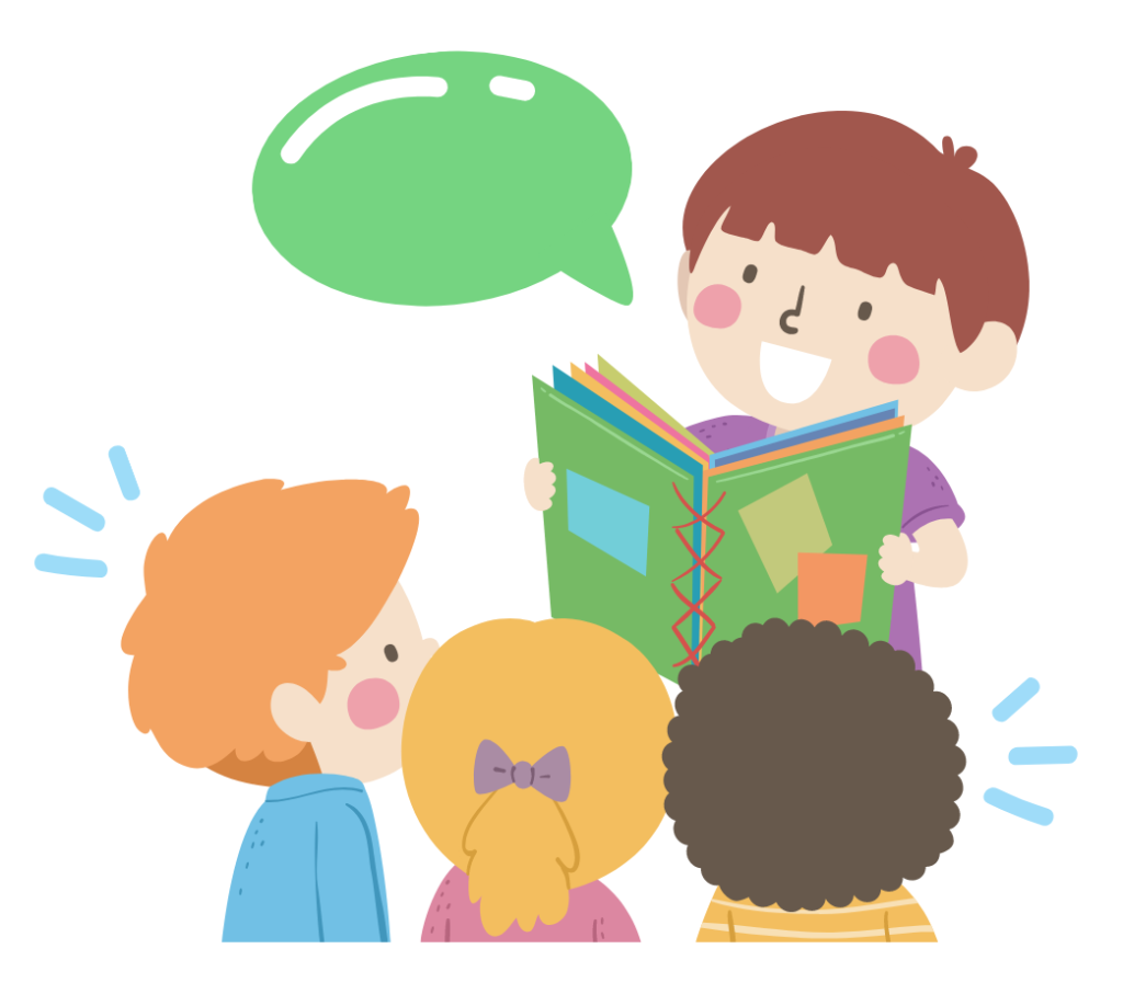 Illustration of boy reading aloud to a group of three peers.